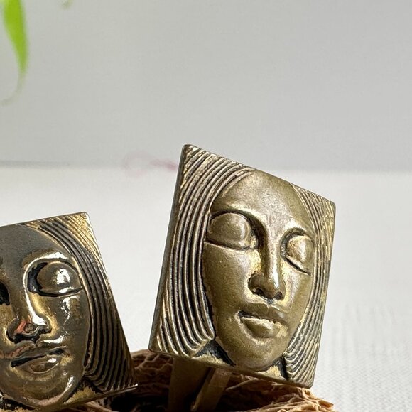 1960s Artisan Brass Face Cufflinks Brutalist Style - Picture 2 of 7